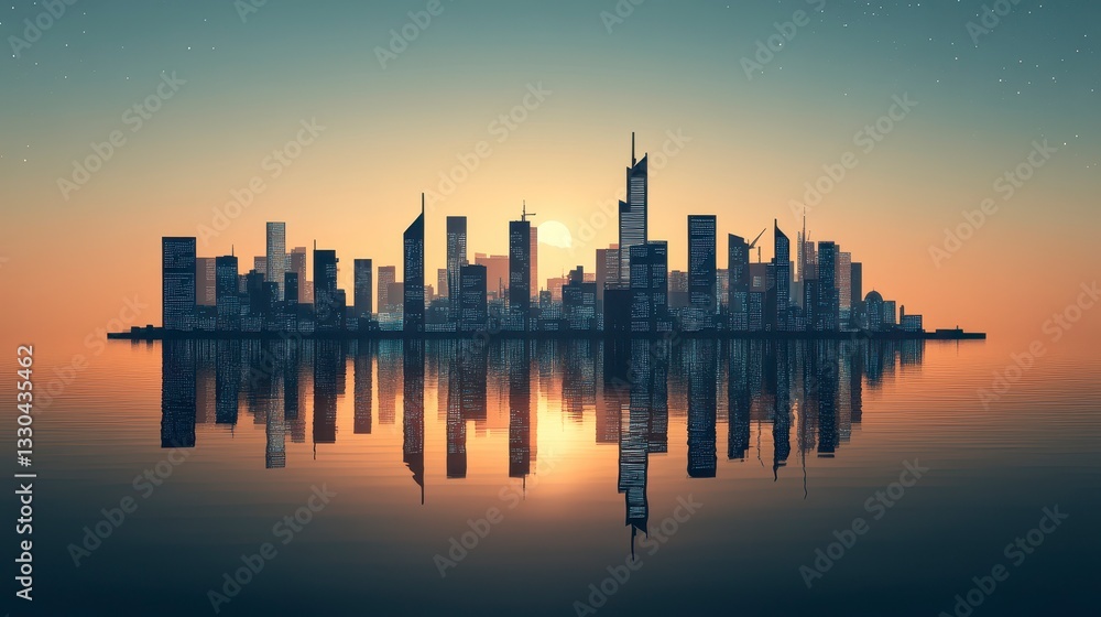 Serene Sunset Cityscape Modern Metropolis Reflected in Calm Waters Serene Sunset Cityscape Modern Metropolis Reflected in Calm Waters