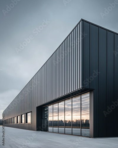 Modern industrial building facade at dawn