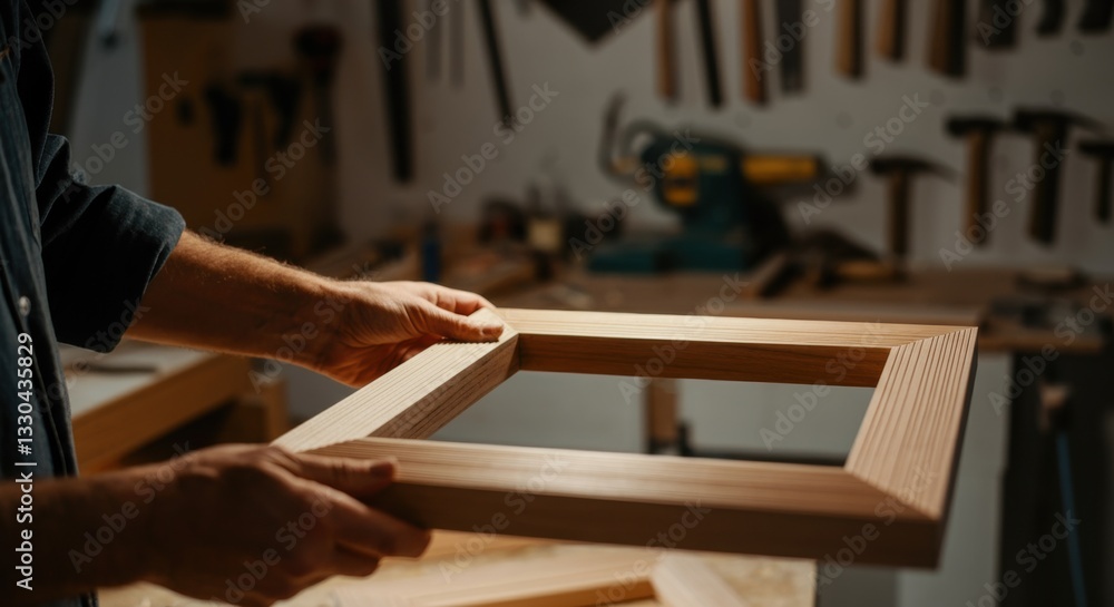 Caucasian male adult crafting wooden frame in workshop with tools and machinery Caucasian male adult crafting wooden frame in workshop with tools and machinery