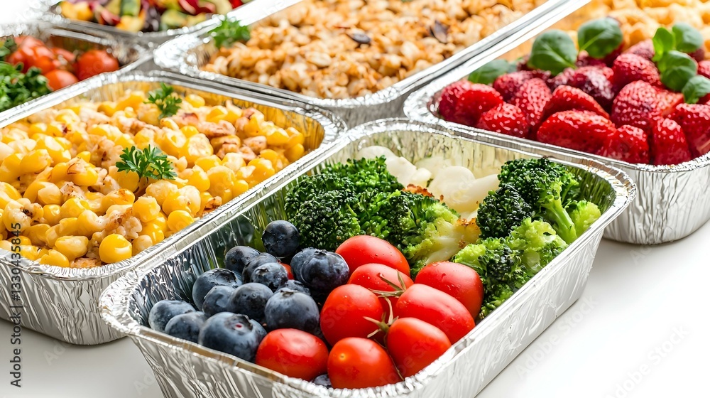 Obraz premium Foil containers with healthy food on white
