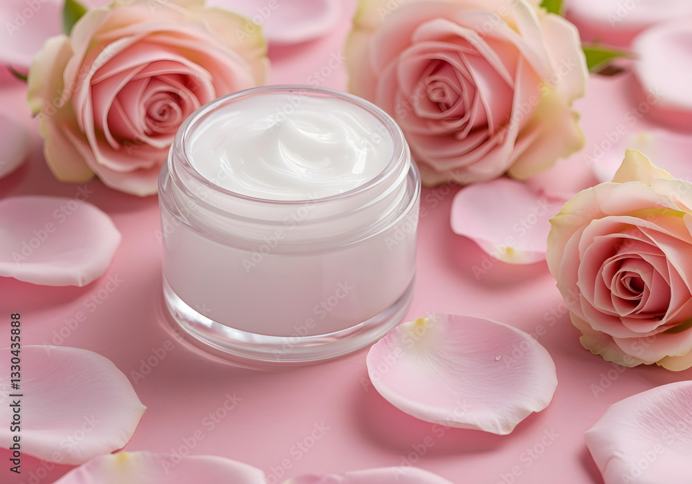 A luxurious skincare cream surrounded by soft roses and pink petals.PNG A luxurious skincare cream surrounded by soft roses and pink petals.PNG