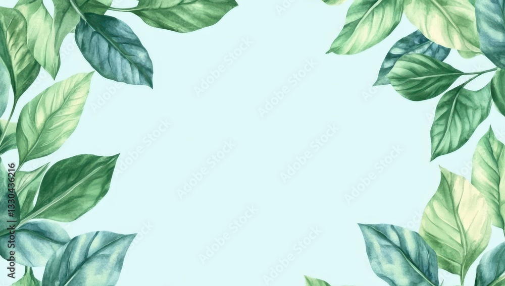Naklejka premium Decorative Green Leaves Border on Soft Blue Background for Design