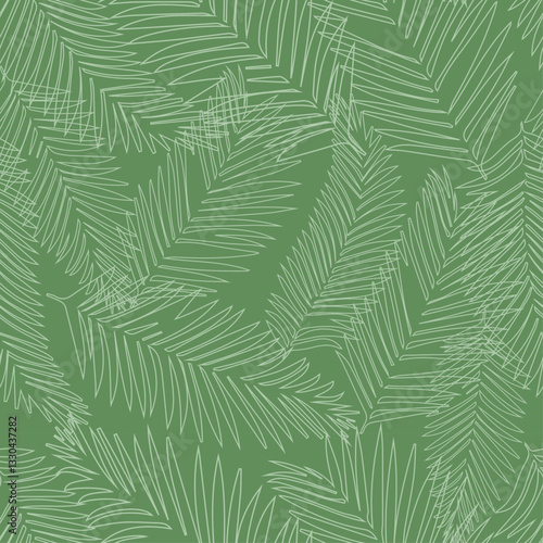 Palm leaves seamless pattern, on green background, vector in natural color. Design for fabric, print, cover, banner, decoration, wallpaper. Outline minimalistic style, linear. 