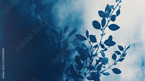 abstract cyanotype botanical composition with soft light diffusion, delicate plant shadows, deep indigo and navy blue textures, artistic organic nature-inspired print with vintage aesthetics