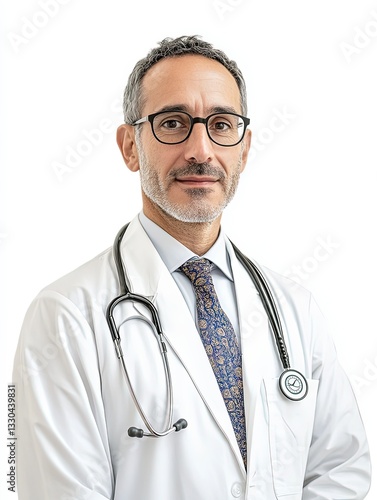 Confident Male Doctor Portrait in White Lab Coat with Stethoscope – Isolated on White Background