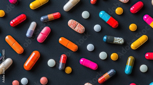 Colorful Pills and Capsules on Dark Background – Top View Medical Concept