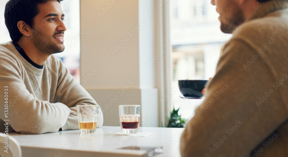 Two young adult males conversing over drinks at a café table Two young adult males conversing over drinks at a café table