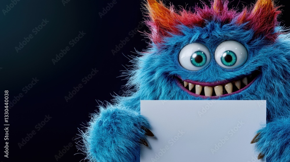 A vibrant, blue fluffy creature with colorful fur and big eyes cheerfully holds a blank sign. Its wide smile exudes excitement, creating a whimsical atmosphere A vibrant, blue fluffy creature with colorful fur and big eyes cheerfully holds a blank sign. Its wide smile exudes excitement, creating a whimsical atmosphere