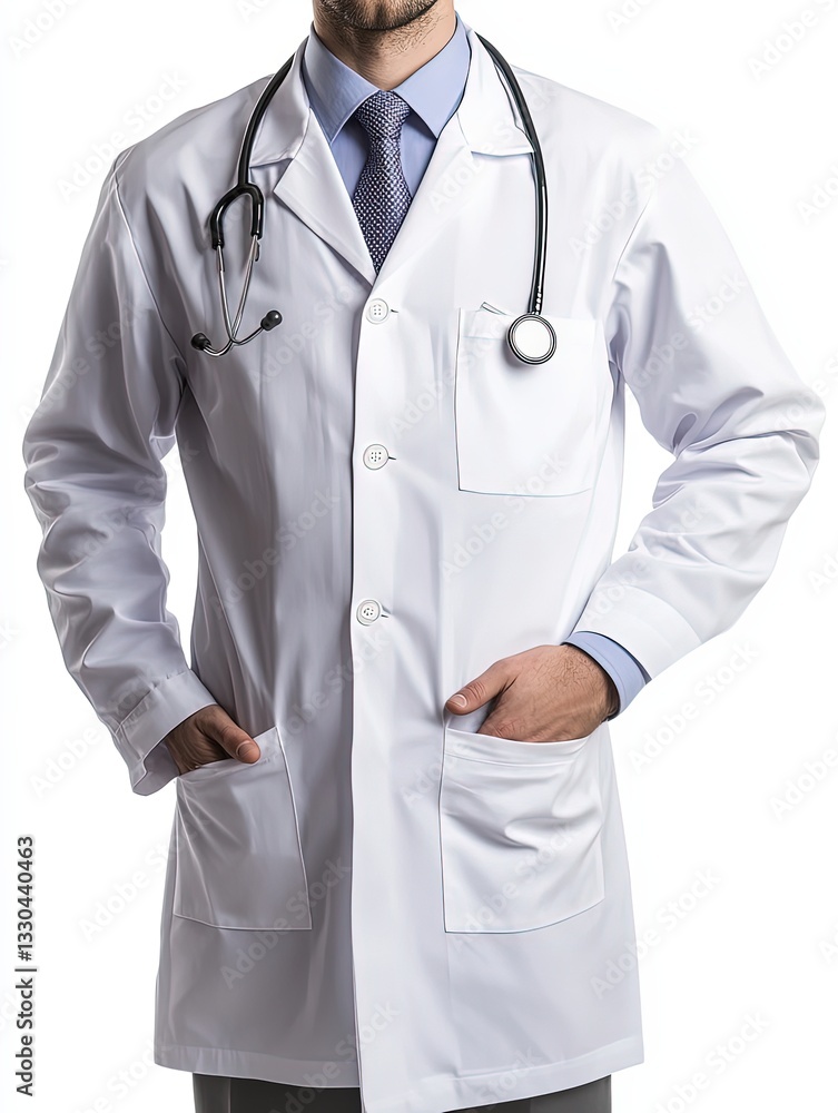Confident male Doctor in White Lab Coat with Stethoscope and Blue Tie – Close-Up Portrait on White Background Confident male Doctor in White Lab Coat with Stethoscope and Blue Tie – Close-Up Portrait on White Background