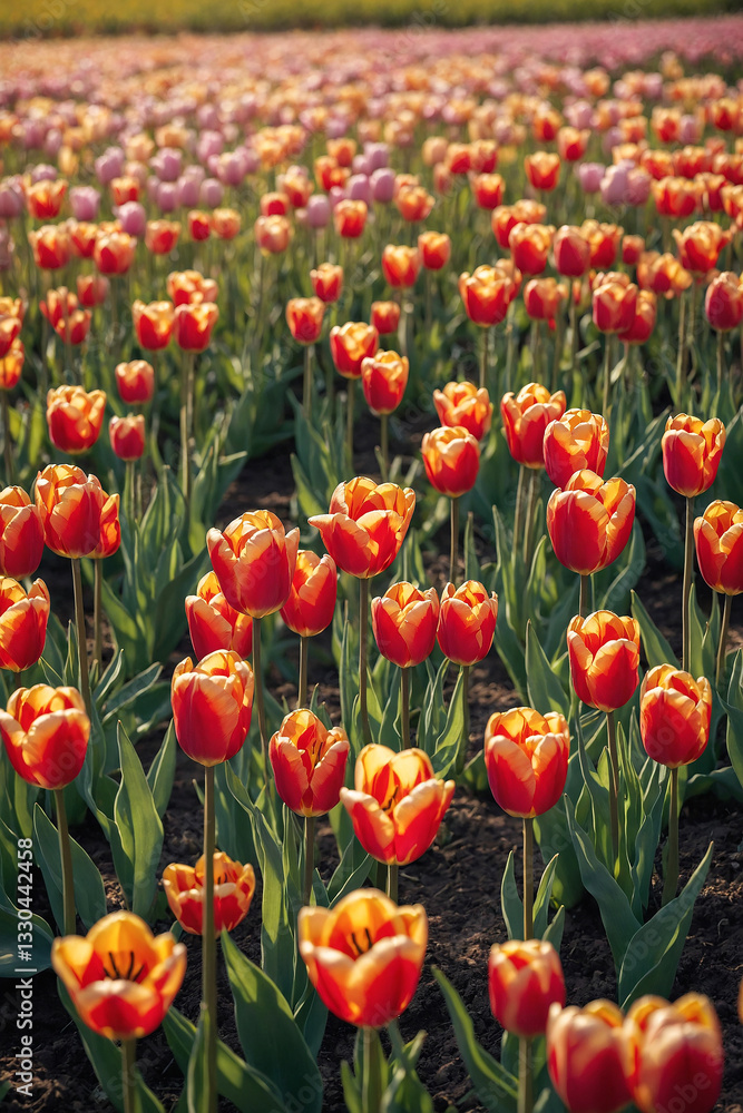 Vertical soft-focus tulip field with hidden Easter eggs peeking through the flowers Vertical soft-focus tulip field with hidden Easter eggs peeking through the flowers