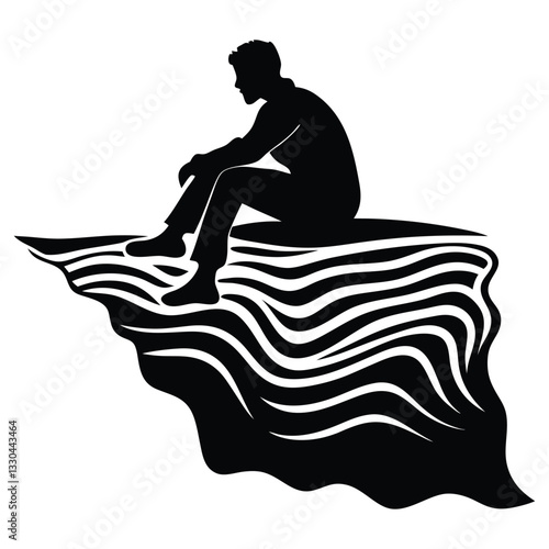 Lonely man is sitting on the cliff silhouette vector