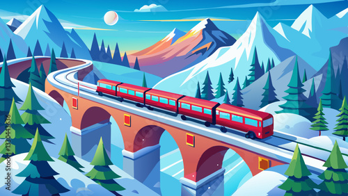 Red train crossing bridge in swiss alps during winter