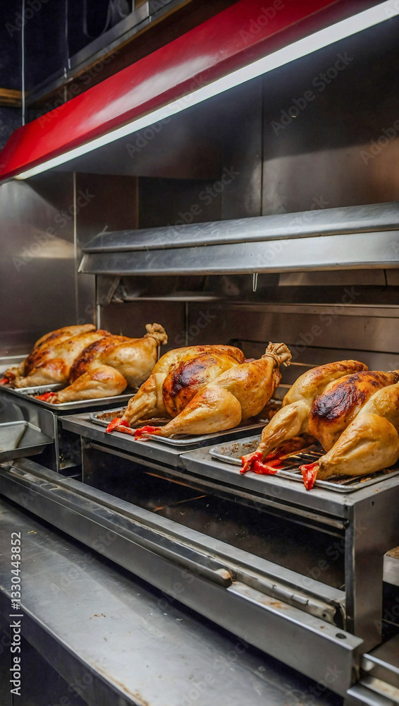 Roasted chicken shawarma turning on a spit in a fast food restaurant. Roasted chicken shawarma turning on a spit in a fast food restaurant.