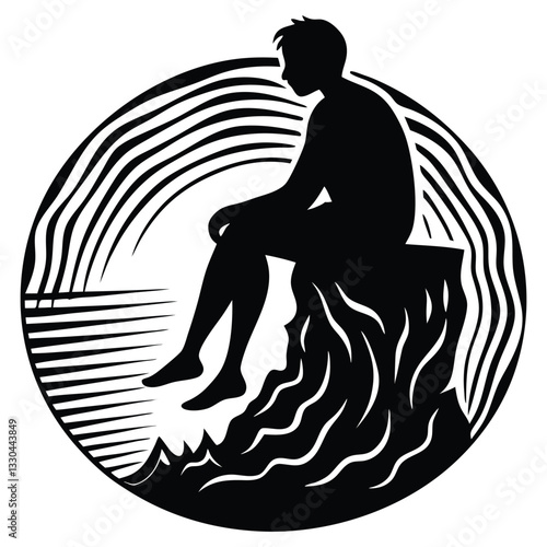 Lonely man is sitting on the cliff silhouette vector