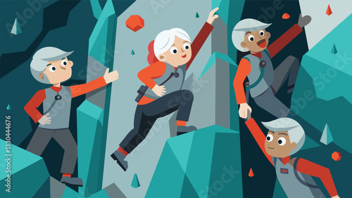 A group of silverhaired explorers scaling a towering indoor rock wall their determination and bravery evident in their focused expressions.. Vector illustration