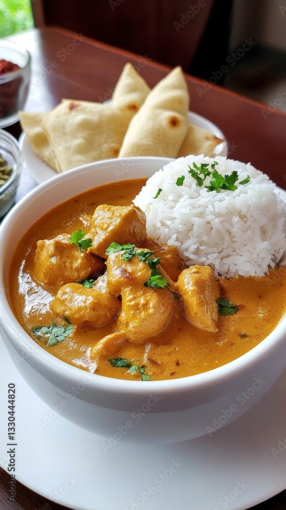 Indulge in traditional Sri Lankan chicken curry with coconut milk sauce, served with rice, papadums, and sambol for an authentic dining experience Indulge in traditional Sri Lankan chicken curry with coconut milk sauce, served with rice, papadums, and sambol for an authentic dining experience