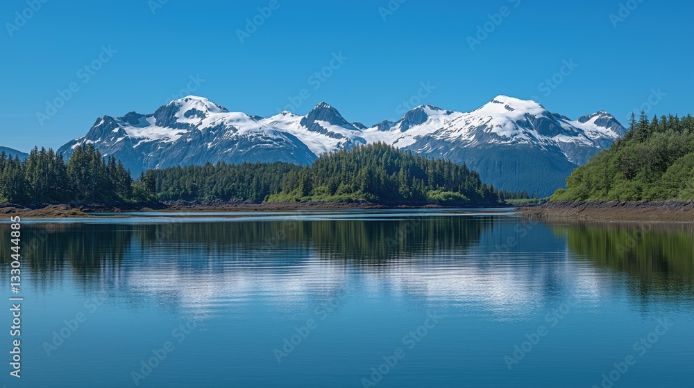 Breathtaking view of snow-capped mountain peaks reflected in tranquil lake Breathtaking view of snow-capped mountain peaks reflected in tranquil lake