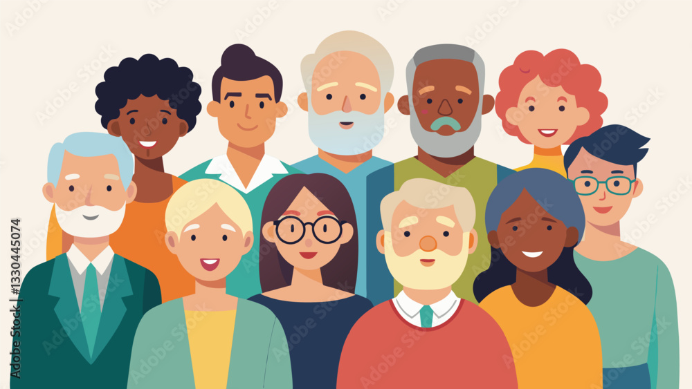 A diverse group of seniors from all walks of life united by their passion for storytelling and preserving their legacy for future generations.. Vector illustration