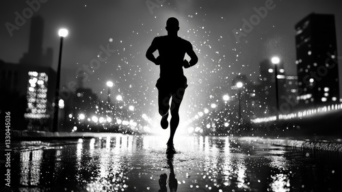 Night Runner Boston Marathon Wallpaper - A silhouette of a runner in the rain at night, symbolizing perseverance, determination, strength, urban life, and the spirit of competition photo