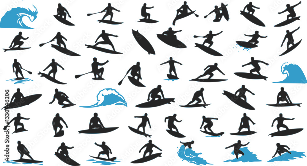 Naklejka premium Surfing Silhouette, vector set of surfer silhouette, surf vector pack
