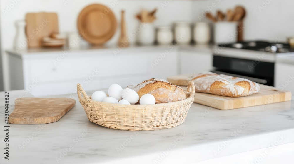 Rustic Kitchen Still Life: Eggs, Bread, and Wooden Accents Rustic Kitchen Still Life: Eggs, Bread, and Wooden Accents