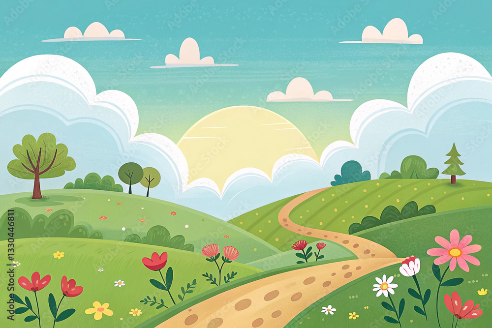 Obraz premium Gentle hills, wildflowers, and a winding path in a bright spring landscape