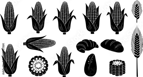 corn icon black and white. Vector illustration isolated on white background. Concept for organic products label, harvest and farming, grain, bakery, healthy food.
