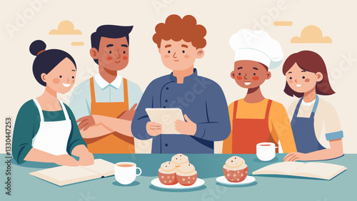 A group of young adults eagerly take notes as a senior chef teaches them the art of making dumplings from scratch.. Vector illustration