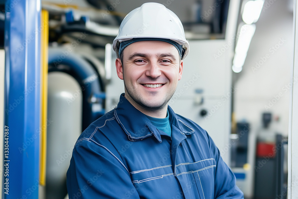 35 años de edad sonriente máquina electricista trabajador está de pie en una industria 35 años de edad sonriente máquina electricista trabajador está de pie en una industria