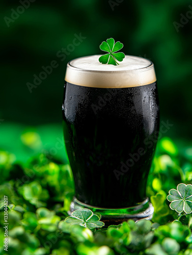 St Patricks Day Guinness Pint - A glass of dark stout beer with a shamrock on top, sitting on a bed of shamrocks. Perfect for St. Patrick's Day celebrations photo