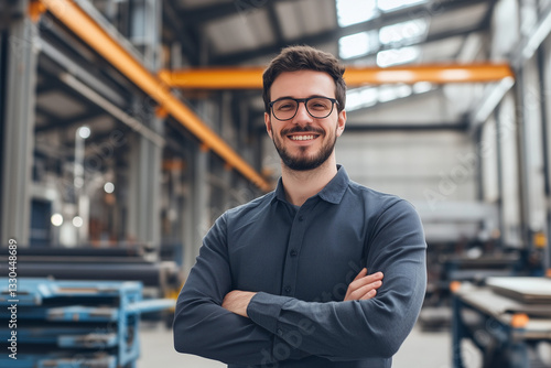 europeo, sonriente joven de 30 años de edad ingeniero de control de calidad hombre de pie en una industria 