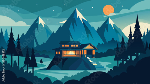 A secluded retreat center deep in the mountains offering solitude and space for individuals to reflect recharge and grow.. Vector illustration