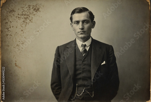 faded vintage photograph of a serious man partially veiled in shadows