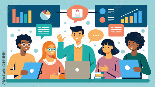 At an academic symposium a panel of experts present their findings on the impact of social media on youth culture supported by carefully analyzed data sets from various platforms.. Vector illustration