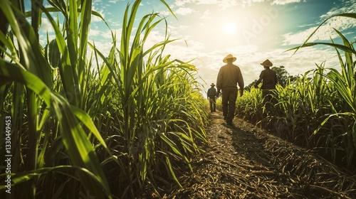 Title: Traditional Dominican Sugarcane Harvest – Workers in Straw Hats Hand-Cutting Tall Stalks Under the Sun for Agricultural and Cultural Heritage Features