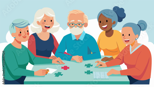 A group of older adults sit at a table laughing and chatting as they work together to complete a jigsaw puzzle boosting their cognitive abilities.. Vector illustration
