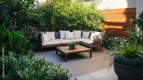 Cozy Outdoor Seating Area Surrounded by Lush Greenery and Plants