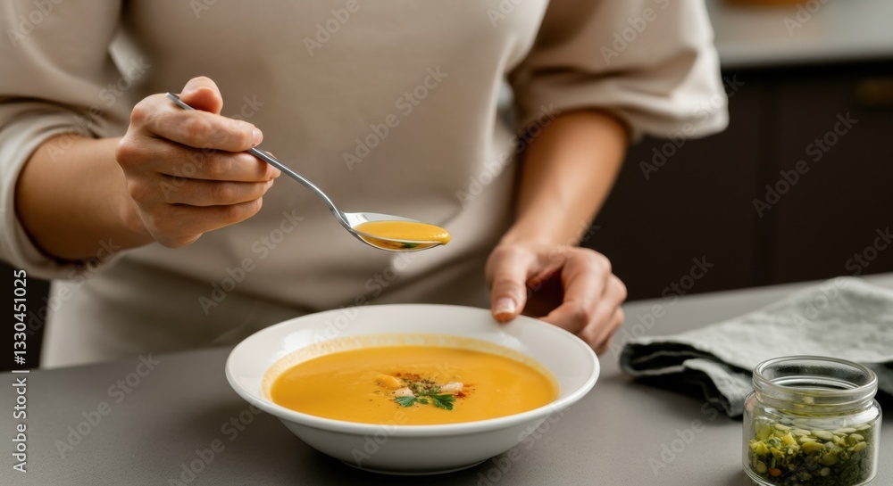 Female preparing delicious pumpkin soup in modern kitchen Female preparing delicious pumpkin soup in modern kitchen