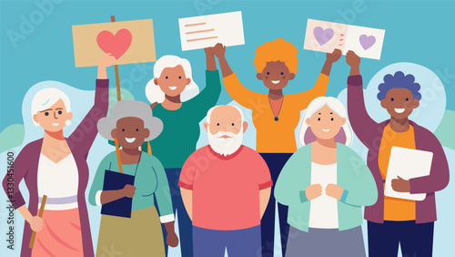 A peaceful protest for affordable healthcare with a diverse group of seniors holding up signs and sharing personal stories of their struggles.. Vector illustration