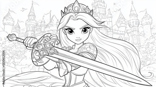Animated princess, determined expression, holding a sword in a fantasy realm with castle backdrop