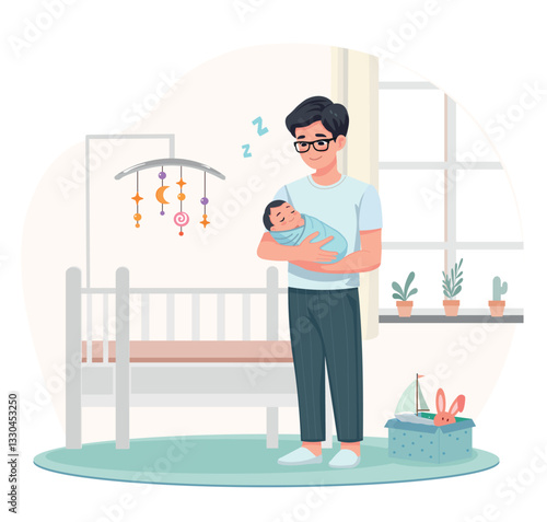 father is standing at the baby crib and holding his  baby cartoon vector style flat design	