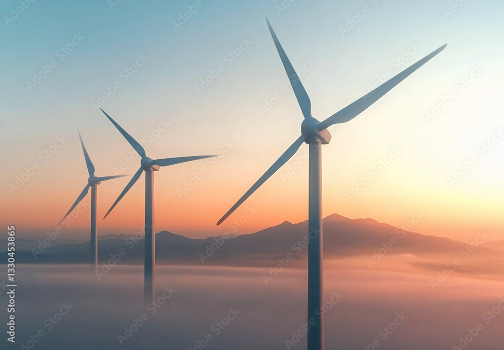 Fototapeta premium Stunning image of three modern wind turbines standing tall above the clouds at sunrise, set against a backdrop of serene mountains