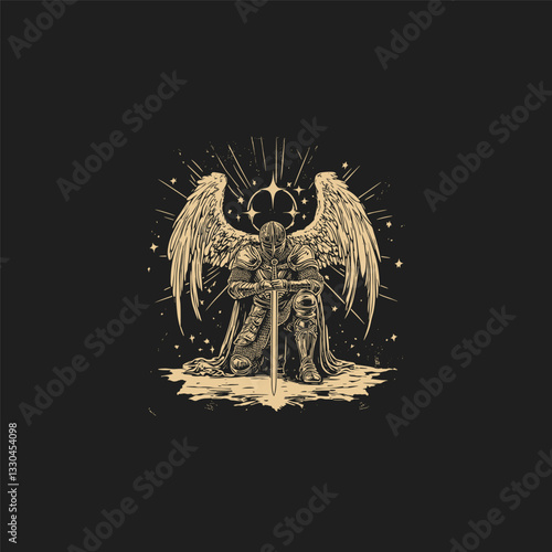 knight kneels before angel design vector template illustration