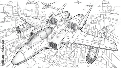 Jet Transformer Soaring Above Futuristic Robotic City - Coloring Page Design with Bold Outlines