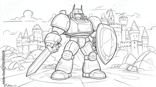 Sci-Fi Knight Robot with Sword and Shield Guarding the Fantasy Castle - Cartoon Outline Illustration
