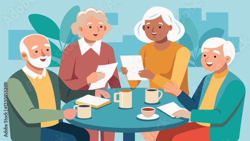 A group of seniors huddle around a table at the coffee shop eagerly discussing and critiquing each others poems.. Vector illustration