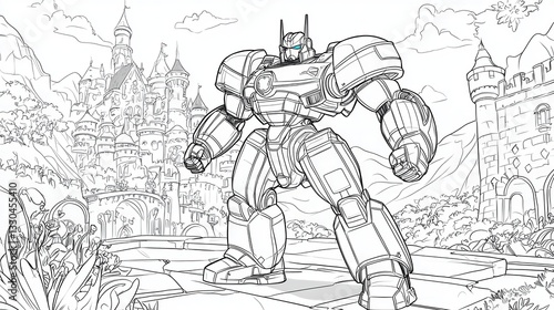 Powerful Robot Guarding a Fairy Tale Castle: Detailed Line Art for Coloring and Creative Projects