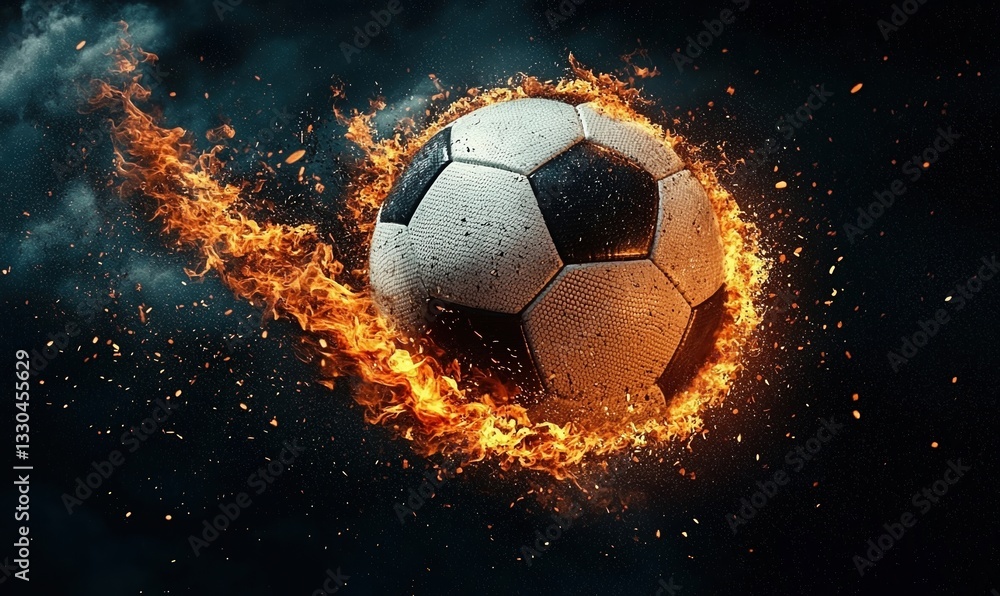 Naklejka premium Flaming soccer ball speeds through dark stormy background creating a dynamic visual spectacle