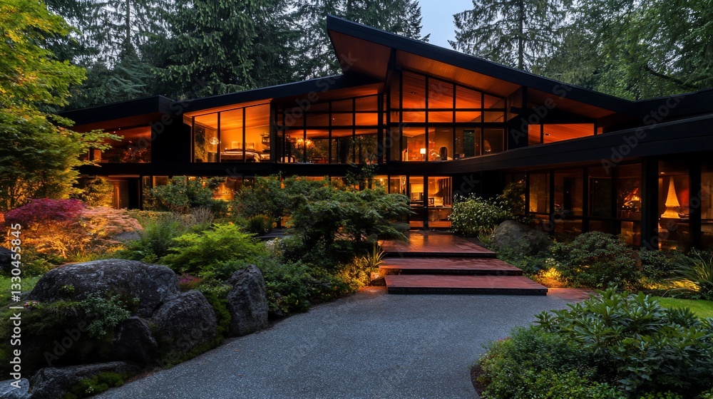 Fototapeta premium Captivating modern architecture blending seamlessly with natural elements dusk scene