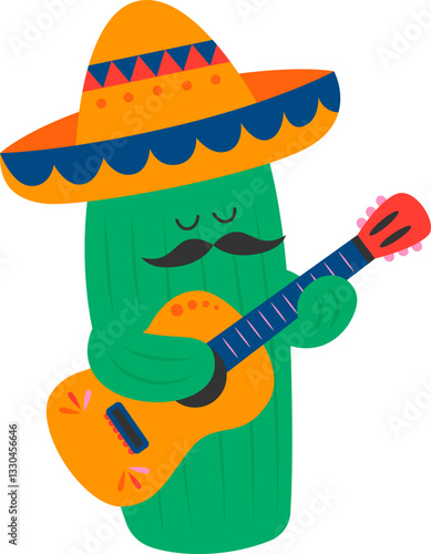 Cactus Playing Guitar Vector Cartoon Clipart 